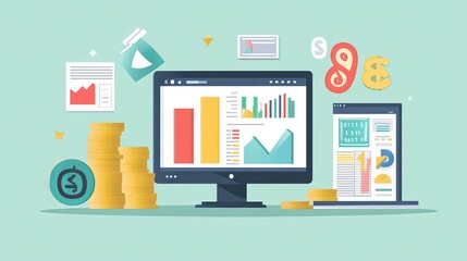 Isometric accounting financial audit composition with isolated image of money with infographic bars and computer vector illustration