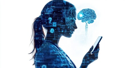 A digital collage of medical data and AI technology, with the silhouette of an Indian woman holding up her phone in front of it, symbolizing access to health information on the go Generative AI