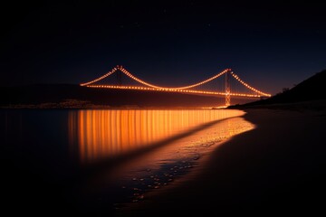 Obraz premium Aerial view of a illuminated bridge at night with reflections shimmering in the water below.