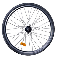 Front bicycle wheel with generator on isolated background.