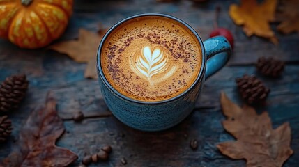 Cozy autumn scene featuring a latte art coffee cup surrounded by seasonal decorations