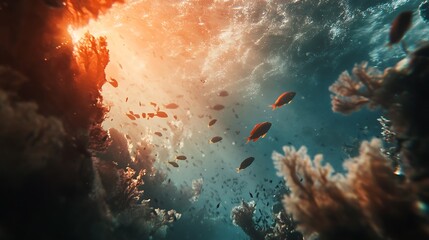 Fototapeta premium Swimming Fishes in Underwater Coral Reef with Sunlight Shining Through