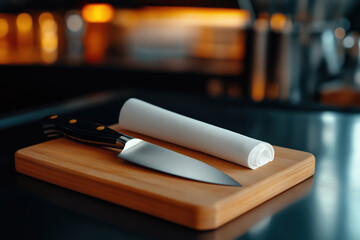 Chef's knife and rolled napkin on wooden cutting board in kitchen setting