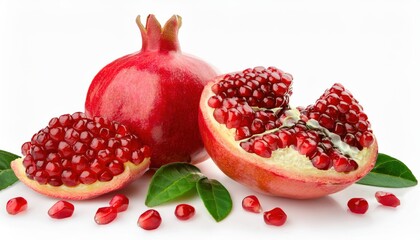 Whole and sliced pomegranate with vibrant red seeds, arils, and green leaf isolated on a white background, perfect for health, food, or skincare concepts.
