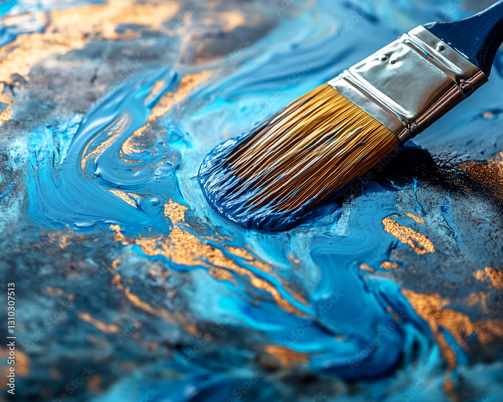 Poster close-up of paintbrush applying blue paint on a canvas with gold accents, showcasing a fluid, dynami