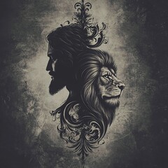 Vector illustration of Jesus Christ's silhouette standing beside a majestic lion, symbolizing strength, faith, and divine protection.

