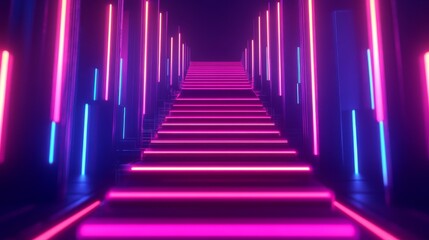 A futuristic staircase illuminated with vibrant neon lights, leading into an abstract digital space.