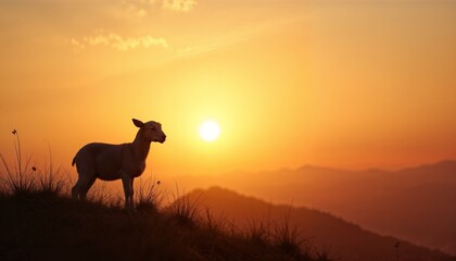 Naklejka premium Silhouetted lamb on a hill at sunset