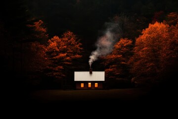 A cozy cabin with a chimney surrounded by nature, emitting smoke into the air.