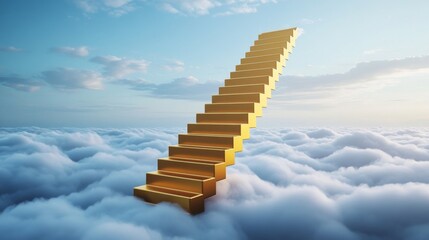 A golden staircase rises elegantly into clouds, symbolizing the journey to higher aspirations and dreams in a surreal landscape.