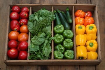 A wooden box filled with various fresh vegetables arranged neatly.