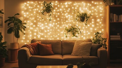 Warm white Christmas string lights arranged in a zigzag pattern across a cozy living room wall.