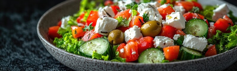 Vibrant greek salad with feta cheese olives and cucumbers