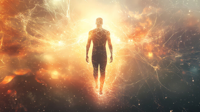 Man surrounded by glowing light and neural patterns symbolizing the intersection of consciousness energy and the boundless potential of human thought. Boundless - Horizon. Illustration