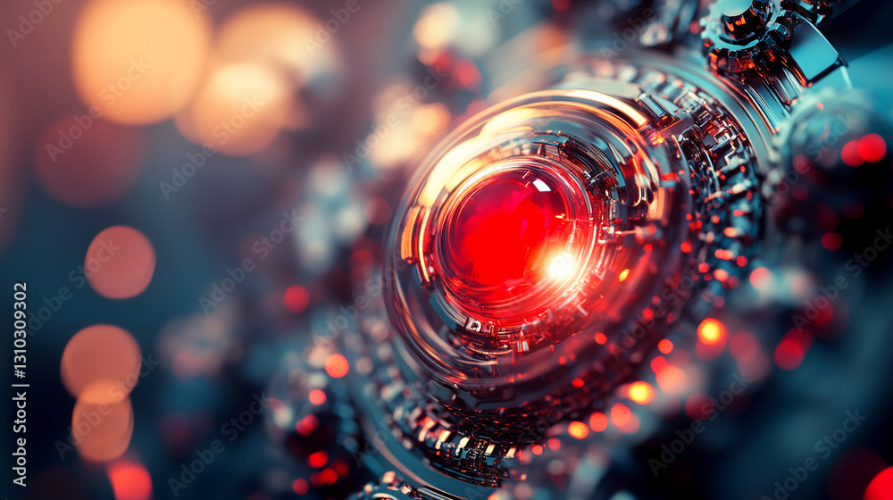Aufkleber Close-up of a metallic, red-glowing orb within a complex gear mechanism, creating a technological and futuristic aesthetic, symbolic of innovation and advancement