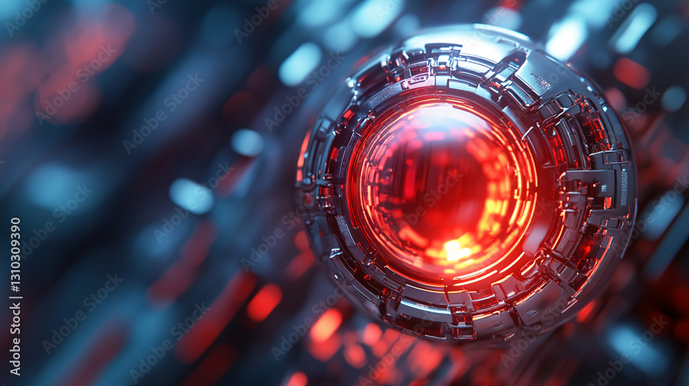 Poster Close-up of metallic sphere with glowing red core, intricate detailing showcasing technological advancement and futuristic design, ideal for science fiction or technology concepts