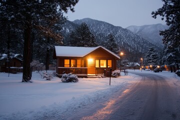 Snowy road leads to a cozy cabin glowing with light under a starry night sky.