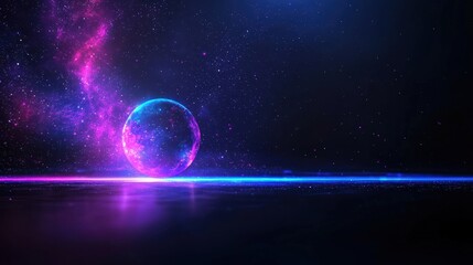 Obraz premium Glowing orb on reflective surface with cosmic background.