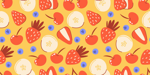 Summer juicy seamless pattern with strawberry, cherry, banana, blueberry, whole and slices fruit and berry. Vector illustration, flat hand drawn style. Isolated yellow background.