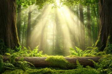 Fototapeta premium Sunlight filters through trees, illuminating ferns in a serene forest setting.