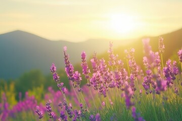 Fototapeta premium Lavender flowers bloom in a field during a beautiful sunset.