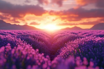 Fototapeta premium A serene lavender field illuminated by a vibrant sunset sky.