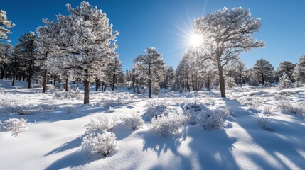 Obraz premium Aerial view of a snowy field surrounded by trees and bushes in a serene winter landscape.
