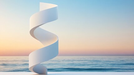 A modern sculpture spirals gracefully against a tranquil sea and sunset, embodying harmony between art and nature.