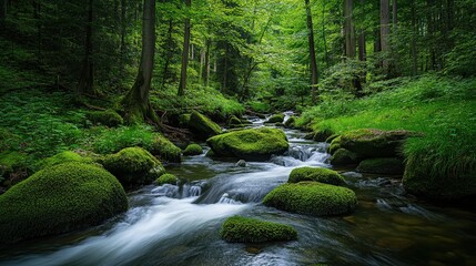 Obraz premium A serene forest stream flows over moss-covered rocks, surrounded by lush greenery, creating a tranquil natural setting.