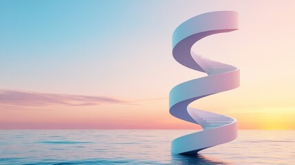 Obraz premium A modern spiral staircase rises above tranquil waters under a pastel sunset, symbolizing innovation and limitless possibilities.