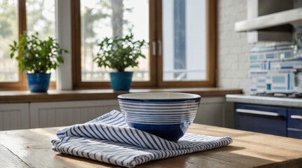 Blue Striped Bowl Kitchen Decor on Wooden Table