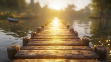 Obraz premium Wooden bridge spans tranquil water with a distant boat visible on the horizon.