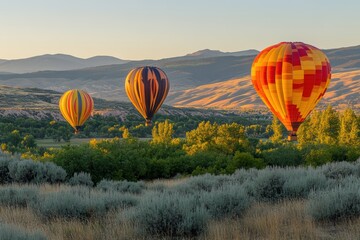 Obraz premium Colorful hot air balloons soar above a lush field, creating a picturesque scene.