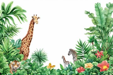 Obraz premium Endangered Wildlife in Damaged Habitat: Giraffe, Tiger, Zebras, and Tropical Plants Illustration