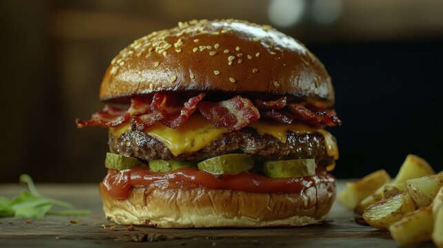 With bacon, pickles, and fresh vegetables, this gourmet cheeseburger is a delicious home-made burger with rustic potato wedges.