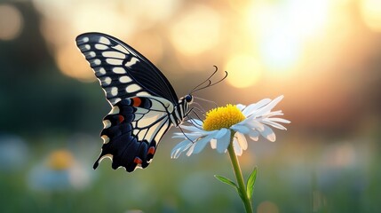 Fototapeta premium Butterfly on flower, sunset meadow, peaceful scene, for greeting cards