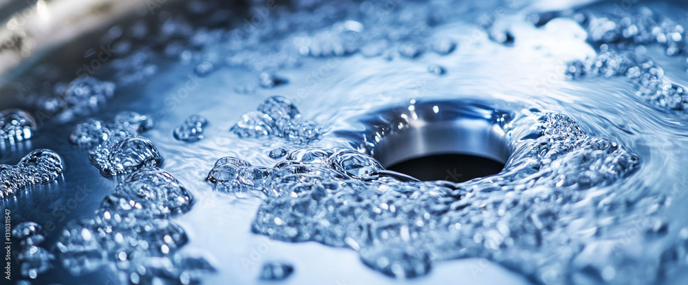 Poster close-up of water swirling down a drain, showing numerous bubbles and ripples. represents the cycle 