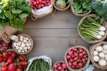 A beautifully arranged flat lay of fresh, colorful spring produce at a farmers market