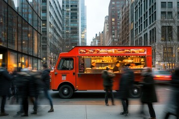 Fototapeta premium People gather around a food truck on a bustling city street enjoying food and socializing.