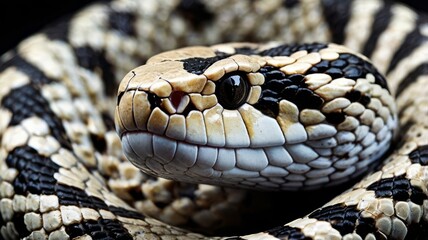 Obraz premium Coiled Viper with Intricate Black and White Patterns, Close-Up of a Venomous Predator