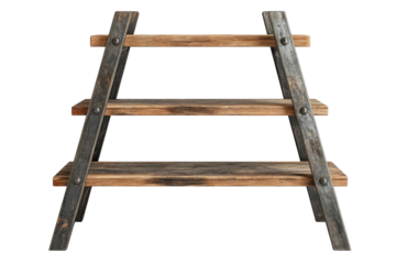 Wooden ladder shelf design with three tiers in a rustic style suitable for home decor