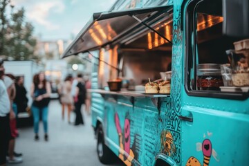 Naklejka premium A street food truck serves delicious meals to hungry customers on the bustling sidewalk.