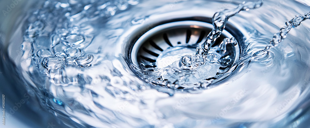 Poster close-up of water swirling into drain, showing texture and movement of liquid, representing fluidity