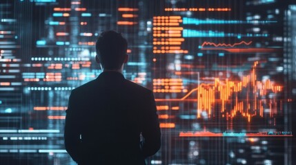 Businessman analyzing growth and financial data through graphs and charts