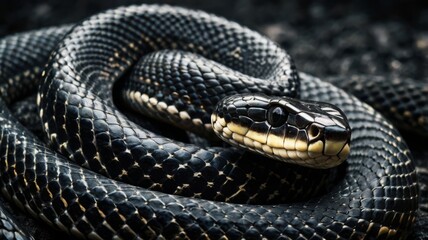 Obraz premium Fearsome Black Snake with Red Eyes, Coiled and Ready to Strike