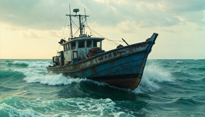 Obraz premium a weathered fishing boat navigating through rough ocean waters with waves crashing around it. The boat has a rusted hull and a weathered superstructure, indicating it has seen signific