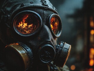 Gas mask with fire reflection in lenses concept of danger and apocalypse