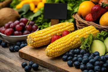 Fresh produce displayed on a wooden table in a vibrant market setting