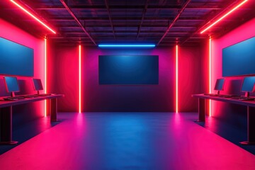 Fototapeta premium Futuristic Gaming Arena with Large Screens and Neon Lighting for Immersive Experience