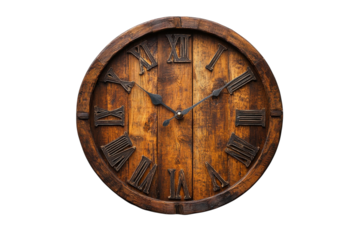 Wooden wall clock displays classic Roman numerals and rustic design in a warm, inviting atmosphere suited for any interior decor setting